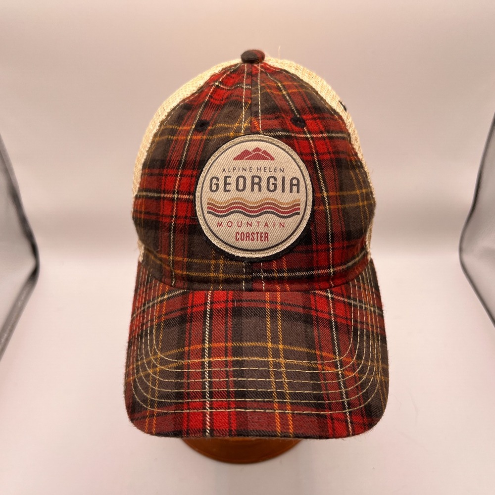 Legacy Alpine Helen Georgia Mountain Coaster Plaid Trucker Hat Snapback Red Tan